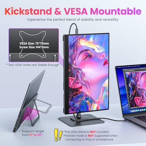 Upperizon Portable Monitor 15.6 inch FHD 90% sRGB 60Hz HDR HDMI USB-C Travel Monitor for Laptop MacBook PC Surface PS5 Xbox, External Display with Kickstand & Speakers, VESA Compatible - size: 15.6