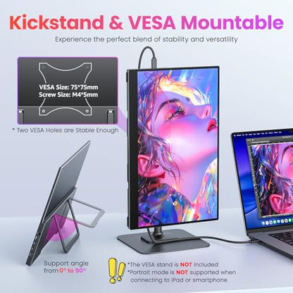 Upperizon Portable Monitor 15.6 inch FHD 90% sRGB 60Hz HDR HDMI USB-C Travel Monitor for Laptop MacBook PC Surface PS5 Xbox, External Display with Kickstand & Speakers, VESA Compatible - size: 15.6