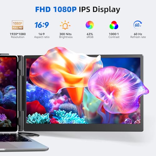 ROYY 14.2" Laptop Screen Extender, 1080P FHD Portable Monitor for Laptop with 1.8lb Lightweight Design, Plug & Play USB-C/HDMI External Screen for 13-17" Laptops, Travel & Home Office | 1080P FHD IPS, 300-nit, 72% NTSC display; Driver-free USB-C/HDMI; Mir