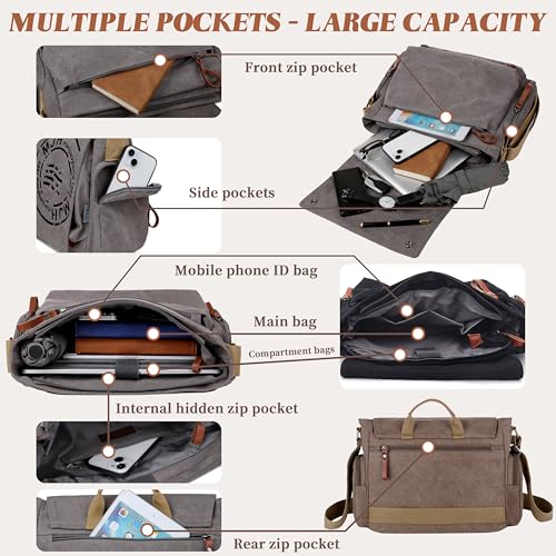 FSD.WG Satchel Messenger Bag for Men Canvas,Travel Shoulder bag 13.5" Laptop Bags - color: Brown