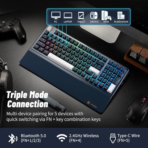 Hexgears Wireless Mechanical Keyboard with Number Pad,Wrist Rest,Gasket Structure,Tri-Mode BT5.0/USB-C/2.4GHz Hot Swappable Keyboard,Creamy Sound,RGB Backlit,Computer Gaming Keyboards(Clicky Switch) - color: Dark Blue-99keys, size: Clicky