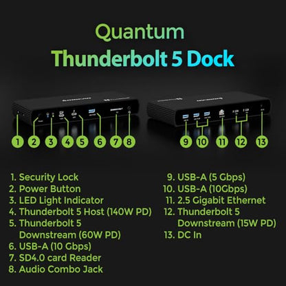 IOGEAR Quantum Thunderbolt 5 Dock Pro - 10 Devices - 80gbps - 2.5G - TB5 Host Dual 8K 60hz / Triple 4K Display 120hz - USB-A, SD 4.0, Audio - TAA - 140W Host Power - Includes PSU - Win 11 — GTD58KTAA - style: Thundebolt 5