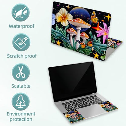 Universal Laptop Skin Decal, 3-Piece Vinyl Protector for 12 13 14 15.6" Notebook, Waterproof Anti-Scratch, Easy Trim & Bubble-Free Finish, Mushroom Flower Butterfly - color: Mushroom Flower Butterfly