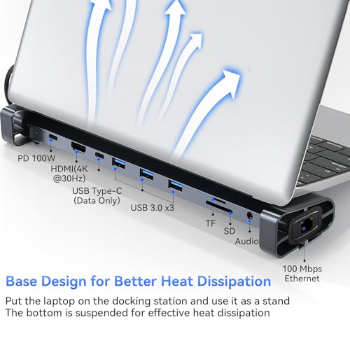 10-in-1 USB-C Laptop Docking Station with Adjustable Stand, 100W Power Delivery, 4K HDMI, Gigabit Ethernet, SD/TF Card Reader, 3 USB 3.0 Ports (Silver)
