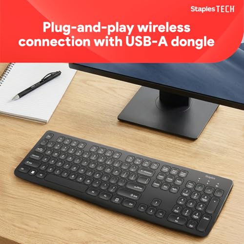 Staples TECH Slim Wireless Keyboard, Full‑Size 104‑Key, Quiet Scissor Keys, USB Receiver, Black - style: Full Size
