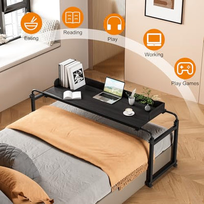 Adjustable Height Overbed Table, Rolling Overbed Bedside Desk with Raised Baffle and Spacious Desktop, Over BedTable with Wheels for Home Office Bedroom Hospital Use (Black Premium Version) - color: Black Premium Version