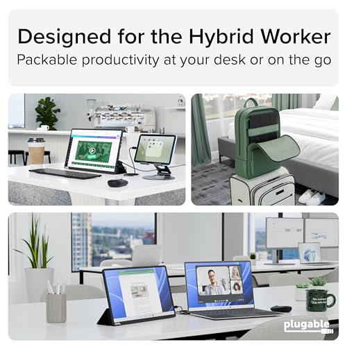 Plugable 15.6" USB-C Portable Monitor with 100W Pass-Through Charging | 2X USB-C 10Gbps Hub | FHD 1920x1080 IPS Display for Mac, Windows, iPad, Smartphone | 1.85lbs, Travel Cover/Stand Included