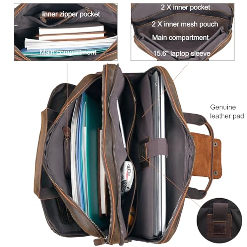 Masa Kawa Leather Briefcase for Men 15.6" 17" Laptop Business Messenger Bag | Computer Sleeve, Travel Luggage Strap, Professional Office Work Lawyer Crossbody Shoulder Attache Case - color: Deep Brown - Fits 15.6 Inch Laptop