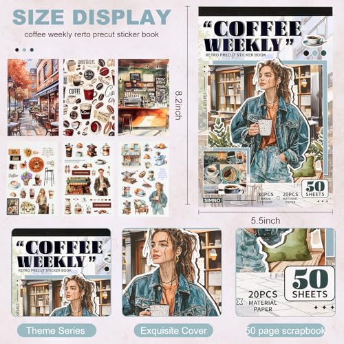 Scrapbooking Stickers - 500 Pre-Cut Washi Stickers & 20 Scrapbook Papers Coffee and People Sticker Books for journaling Scrapbooking Supplies - color: Coffee