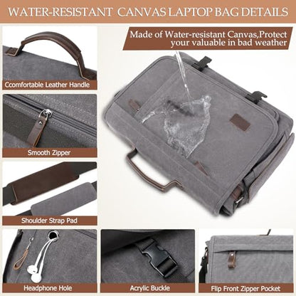 17.3 Inch Messenger Bag for Men: 2PCS Laptop Bag PU Leather Canvas Work Briefcase Large Office - color: Brown Grey