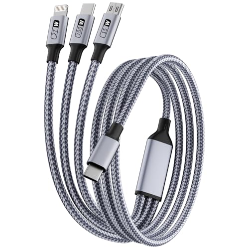 100W USB C Multi Charging Cable, 5FT Nylon 3 in 1 Fast Charging Cable with E-Marker Chip, Type C [100W]+IP [27W]+Micro [15W], Universal USB C Charger Cord with Type-C/Micro and IP Port (1Pack) - color: USB C-Grey 100W-1Pack