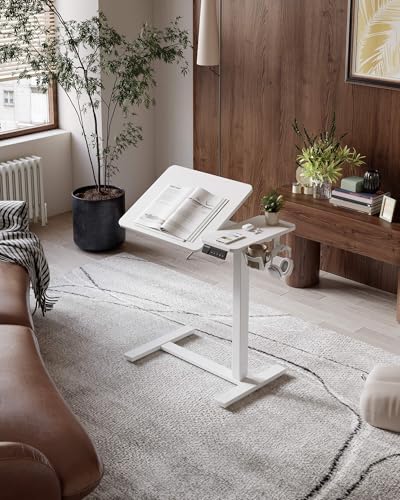 YIHAYO Adjustable Overbed Bedside Table with Wheels, 28 x 16 Inches Electric Mobile Standing Desk, Laptop Desk, Movable Overbed Tables Hospital Home Use, White - color: White Frame/White Top, size: 28*16 Inch