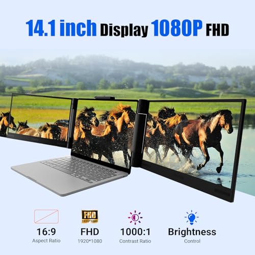 Laptop Screen Extender 14 inch Laptop Monitor Extender 1080P IPS, Triple Portable Monitor for Laptops 13-17.3" with USB-C DP/HDMI Port, Plug-Play Portable Screen for Windows/Mac/Chrome/Android