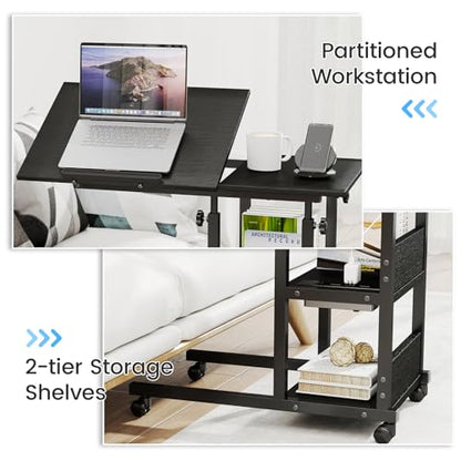 Hadulcet Adjustable C Table with Charging Station, Tiltable Desk C Shaped End Table for Couch, Over Bed Stand with Wheels Adjustable Height, Hospital Table Laptop Stand Drawing Desk, Black - color: Black, style: Upgrade