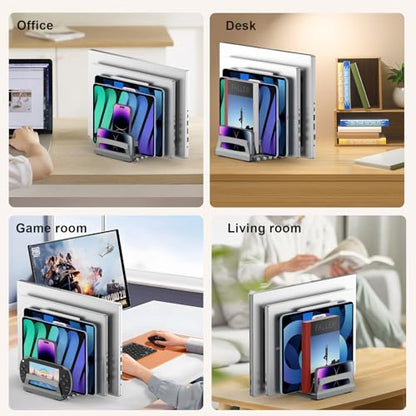 6-Slot Vertical Laptop Stand & Holder –Adjustable Aluminum Laptop Stand Vertical for Desk Fits 6 Devices, MacBook & Gaming Laptops (Up to 17.3”)–Space Saving Laptop Storage Rack - Grey - size: 6 - Slot