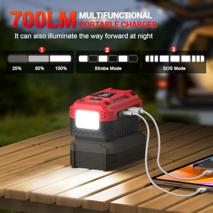 140W Fast Bidirectional Charger Compatible with Craftsman 20V Battery | Dual USB-C 140W Output, Single USB-A 18W Output, Maximum Output of 280W, 700LM LED Work Light & LED Display (No Battery) - color: crimson