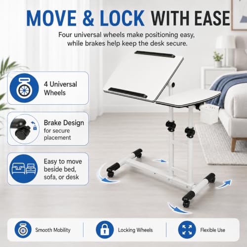 Mobile Standing Desk Adjustable Height, Rolling Laptop Desk with Tilting Desktop, Portable Overbed Table on Wheels, Small Computer Writing Desk for Home Office, Bedside, Sofa, Side Table, White