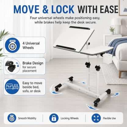 Mobile Standing Desk Adjustable Height, Rolling Laptop Desk with Tilting Desktop, Portable Overbed Table on Wheels, Small Computer Writing Desk for Home Office, Bedside, Sofa, Side Table, White