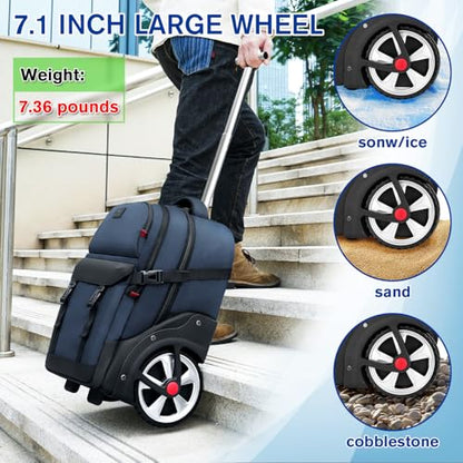 MATEIN Rolling Backpack with Wheels, Roller Backpack for Men Women, Blue | Combination Lock, Water Resistant, Anti Theft, Large Wheel, 17 Inch Laptop Compartment, Bag for Work Business Commute College - color: Blue
