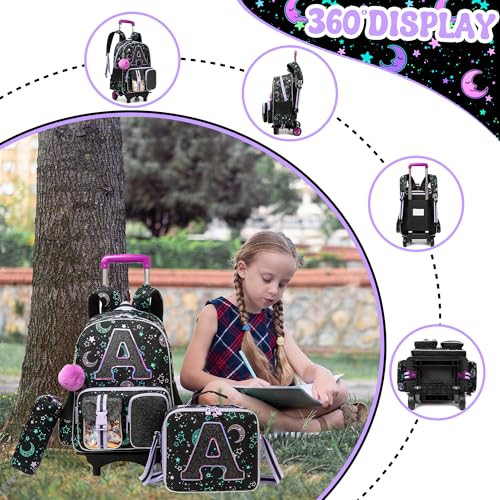 HTgroce Cute Rolling Backpack with Wheel,School Backpack for Kids Girl Roller Schoolbag Wheeled Backpacks Set Carry-on Luggage,Black A - color: Black, style: A