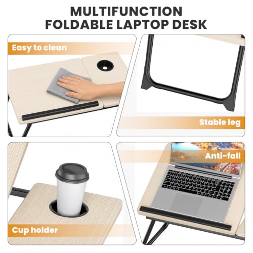 Laptop Bed Desk, 5-Angle Adjustable Bed Laptop Table with Cup Holder | Foldable Laptop Stand for Couch & Sofa, Portable Laptop Tray for Adults Writing Reading Eating, Beige - color: Beige