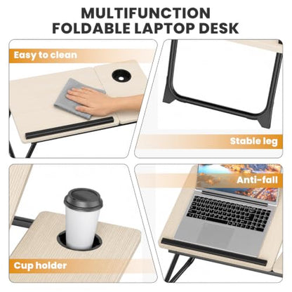 Laptop Bed Desk, 5-Angle Adjustable Bed Laptop Table with Cup Holder | Foldable Laptop Stand for Couch & Sofa, Portable Laptop Tray for Adults Writing Reading Eating, Beige - color: Beige