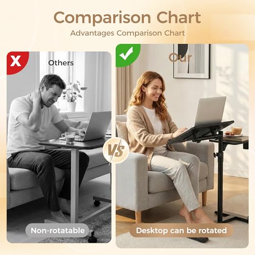 YUHFERA Rolling Table for Laptop Stand, Height and Angle Adjustable Over Bed Table with Wheels, Tilt-Top Laptop Desk for Couch with Cup Holder, Bed Table Tray for Eating (Black) - color: Black