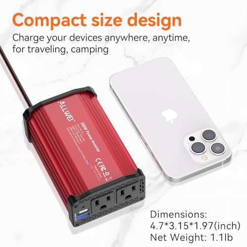 ALLWEI 300W Power Inverter DC 12V to 110V AC, Compact Car Plug Adapter Outlet with 65W PD USB-C &18W USB-A Fast Charging, Cigarette Lighter Adapter Car Charger for Phone, Laptop on Road Trip - color: PD65W-Red