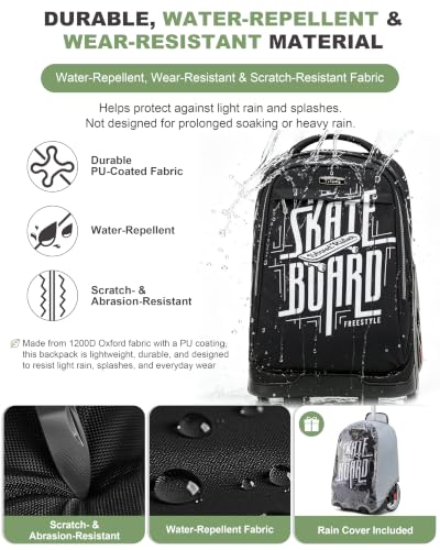 NEW TILAMI 19 Inch Rolling Backpack with Lunch Bag School Stair-Climbing | Stair-Climbing Teen Boys Girls Carry-on Suitcase Large Compartment 15.6 Laptop Sleeve Adjustable Handle Roller Travel Bag - color: Skate Board
