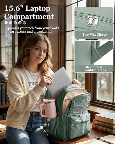 suwasp College Backpack for Women, Waterproof Laptop Backpack Fits 15.6 Inch Laptop, School Bookbag with Water Bottle Pocket, Anti Theft Work Backpack for College, Travel, Commuter, - color: Sage Green