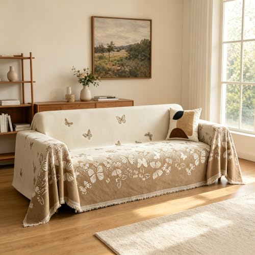 71x165 Chenille Couch Cover Reversible Sofa Slipcover with Tassels | Pet Friendly Furniture Protector for Dog Cat, Butterfly Pattern Washable Throw Blanket for XXL Oversized Couch Sectional Sofa - color: Coffee Butterfly, size: 71"x 165"