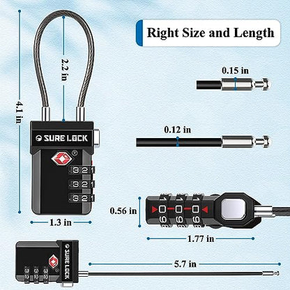 SURE LOCK TSA Approved Luggage Locks with Open Alert Indicator, 3 Digit Combination Cable Travel Lock for Suitcase, Backpack, Gym Locker, Toolbox, Carry On & Travel Bag - color: BLACK 4 PACK