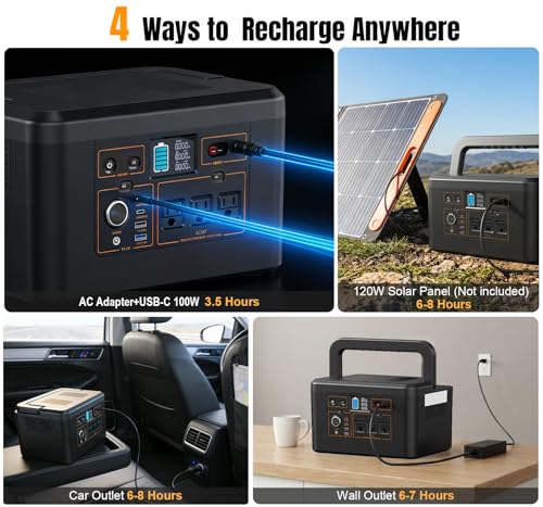 Portable Power Station 650W (1200W Peak), 576Wh Solar Generator | LiFePO4 Battery 3.5 Hour Fast Charging for Home & Emergency Backup, Hurricane, CPAP (Solar Optional) - color: Black