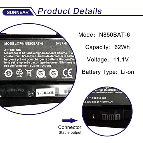 N850BAT-6 62Wh Battery Replacement for CLEVO N870 N870HK Z6-KP Z6-KP5GT Z7M-KP Z7M-KP7G1 T58-T1 T6TI Series Laptop 6-87-N850S-6E71 6-87-N850S-4U41 5500mAh 11.1V