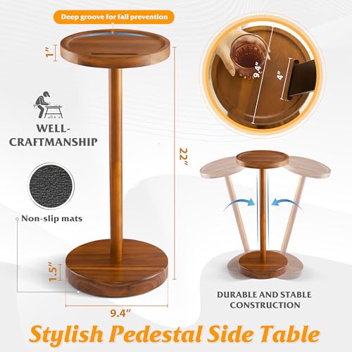 BLUEWEST 22 Inch Tall Drink Table with Phone Slot and Weighted Base, Acacia | Compact, Durable Pedestal Table for Living Rooms, Bedrooms or Offices, Designed for Cocktails, Martinis and Everyday Drinks. - color: Acacia