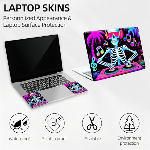 Neon DJ Skeleton Party Universal Laptop Skin Sticker 3PCS, Protective Decal Trim-to-Fit 11.6" 13.3" 14" 15.6" Laptop Vinyl Cover, Removable Anti-Scratch Computer Decal Protector - color: Neon DJ Skeleton Party
