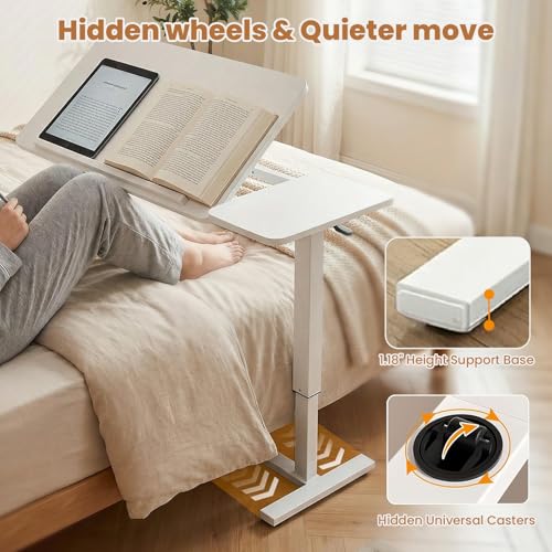 Portable Overbed Rolling Desk, Height Adjustable Mobile Standing Table, Foldable 31 Inch Small Laptop Bedside Desk with Tiltable Desktop, Hidden Wheels, Tray Table for Bed Sofa Side, White - color: White