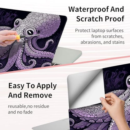 Laptop Skin Sticker 3-Piece Set,Purple Octopus | Trim-to-fit 3-piece vinyl set with one 15 x 10.6 in lid skin and two palm-rest decals for many 12-15.6 in laptops - color: Purple Octopus