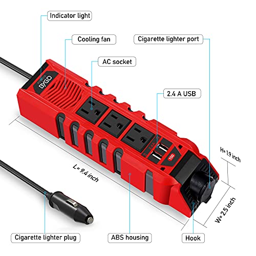 150W Car Power Inverter DC 12V to 110V AC Converter with 3 AC Outlets 2 Quick Charger 4.8A Dual USB Ports Cigarette Lighter Socket Charger Adapter - size: 150 Watt/Modified Sine Wave