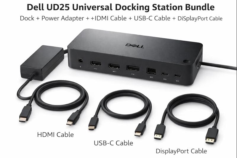 Dell Pro Dock WD25 Universal Docking Station Bundle — USB-C/USB-A Dual Display Dock with 100W Adapter + HDMI Cable + USB-C Cable + DisplayPort Cable + Cleaning Cloth