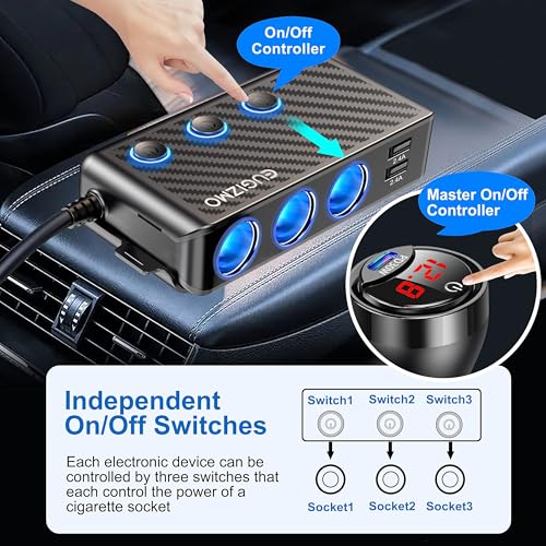 EUGIZMO 8 in 1 Cigarette Lighter Adapter,3 Socket Car Charger Plug Splitter | 12V/24V PLug in Outlet with Voltage Visible Independent Switches 2 PD30W & 3 USB-A Ports Fast-Charge Phones and Dash Cams