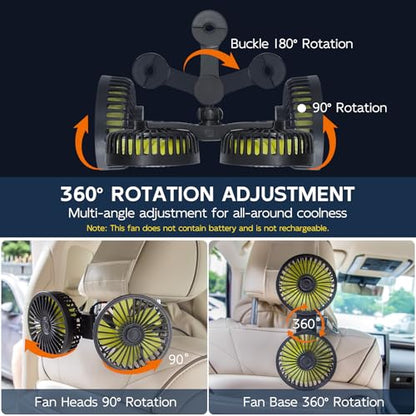 XOOL Car Fan for Backseat Kids, Dual Head USB Car Cooling Fans - 3 Speeds 360° Rotatable Rear Headrest Fans, 5V/2A Powerful Electric Air Circulation Fan for Vehicles SUV RV - size: USB Dual Fan - Back (Three Speeds)