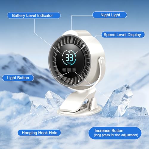 Clip On Rechargeable Fan with LED Light 100 Speed (Need Long Press), 720° Adjustment, Small Protable Desk Fan Quiet Clamp Base 12H Battery, 7 Blades for Dorm Bedroom Travel Camping - color: white