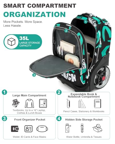 NEW TILAMI 19 Inch Rolling Backpack with Lunch Bag School Stair-Climbing | Stair-Climbing Teen Boys Girls Carry-on Suitcase Large Compartment 15.6 Laptop Sleeve Adjustable Handle Roller Travel Bag - color: Green Surf