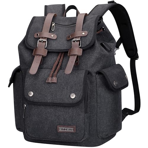 WITZMAN Canvas Backpack for Men Vintage Rucksack Fits 15.6 inch Laptop | Drawstring Backpack, Travel High Capacity Casual Daypack with USB Charging Port, For Vacation, Overnight Trip, A8004 Black - color: Black