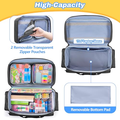 Teamoy Rolling Scrapbook Tote, Craft Bag with Detachable Wheels, Black | Scrapbook Storage Bag with Bottom Wooden Pad, 2 detachable zipper pouches, Shoulder Straps for Paper, Ablum - color: Black
