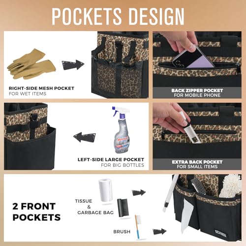 SCAVATA Compact Wearable Cleaning Caddy with Handle & Shoulder Straps | Small Cleaning Supplies Organizer, Under Sink & Car Cleaning Tools Storage Bag for Housekeepers Cleaners, Leopard - color: Leopard
