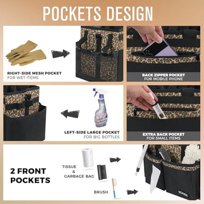 SCAVATA Compact Wearable Cleaning Caddy with Handle & Shoulder Straps | Small Cleaning Supplies Organizer, Under Sink & Car Cleaning Tools Storage Bag for Housekeepers Cleaners, Leopard - color: Leopard