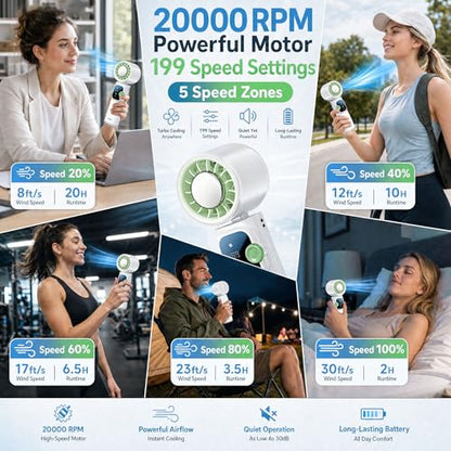 Portable Handheld Fan with Ice Cooling, Personal Rechargeable Fan 20000RPM,199-Speed Mini Neck Fan with 4000mAh Battery Powered up to 15hrs with LED Display for Travel, Camping & Outdoor, White - color: White-Green