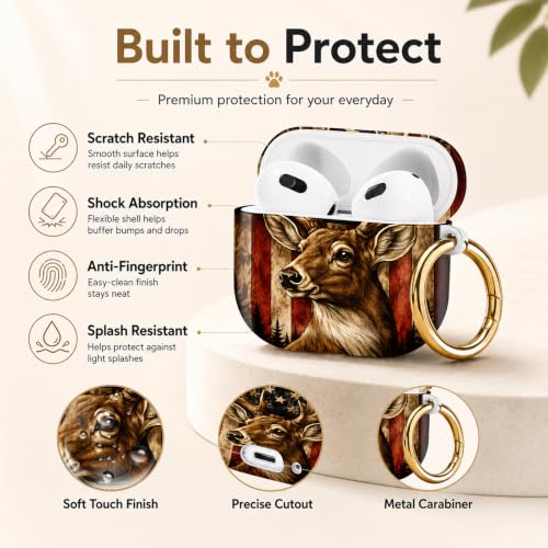 Compatible with AirPod 4 Case 2024, Cute Hard Plastic Protective Cover for Airpod 4th Generation Women, Shockproof Shell Skin with Gold Ring Keychain,American Flag Deer Forest - color: American Flag Deer Forest